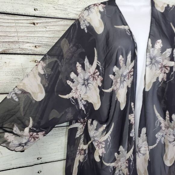 Adora Black Beige Floral Kimono Large Sheer Open Front Boho Duster USA - Picture 2 of 7